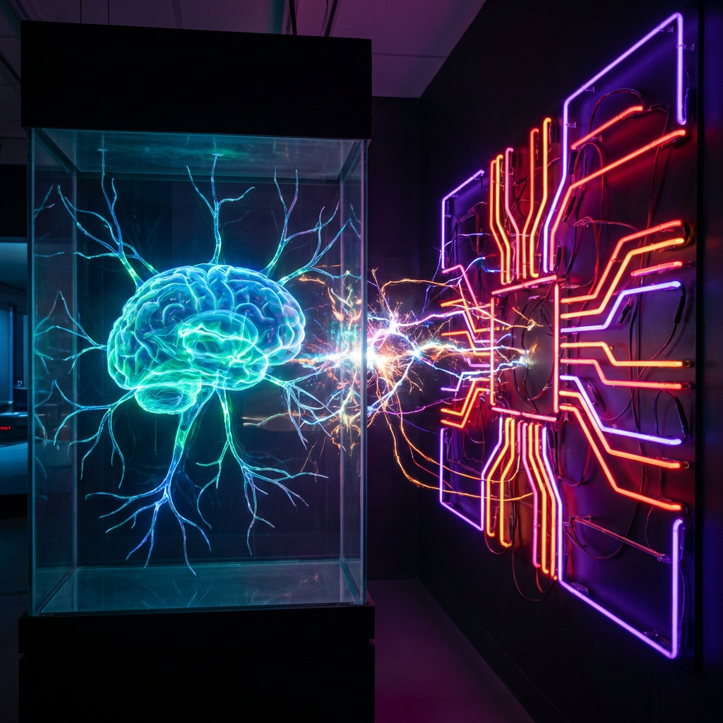 A glowing teal brain in a glass case connected to a neon circuit board.
