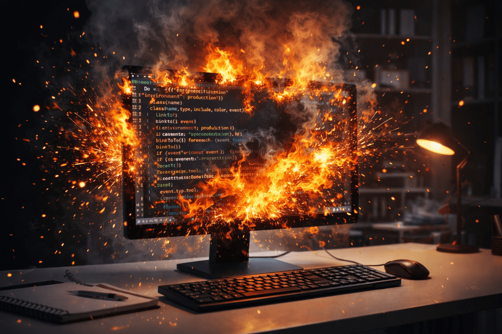 Computer monitor displaying code engulfed in flames with sparks