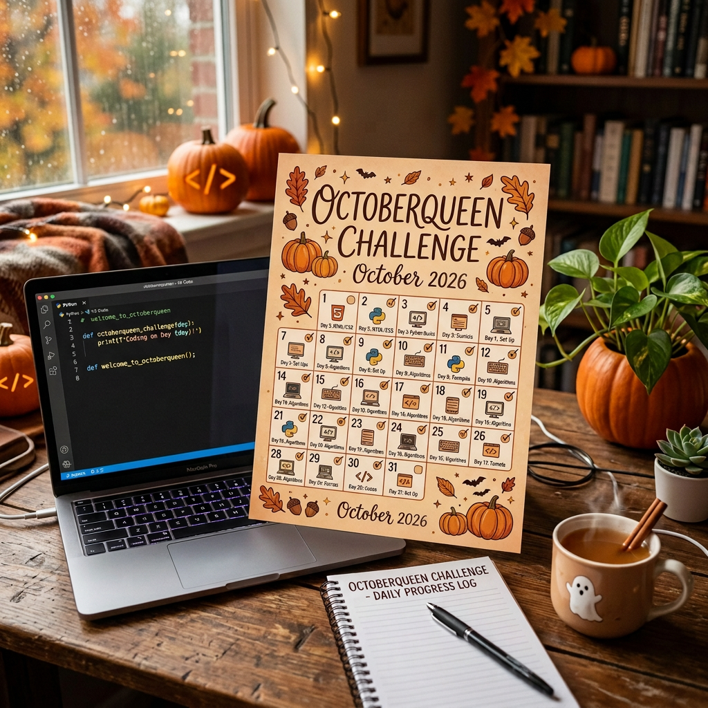 Octoberween Challenge October 2024 calendar beside a coding laptop and progress log